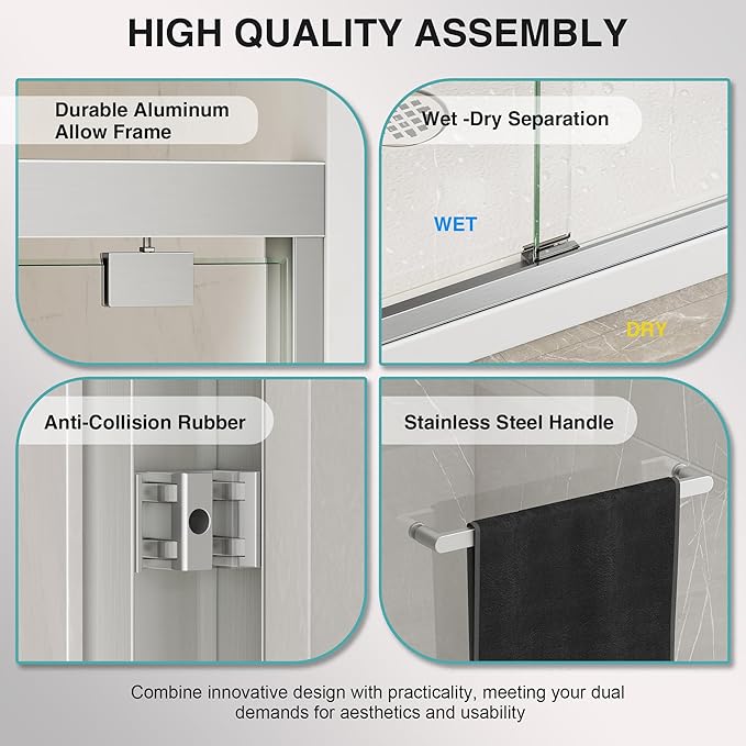 KPUY Glass Shower Door, 43-48" W x 76" H Semi-Frameless Double Sliding Shower Door, 1/4" (6mm) Thick Tempered Clear Glass with Explosion-Proof Film Nano Coating, Brushed Nickel