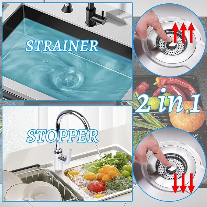 3 in 1 Kitchen Sink Drain Strainer,Universal Stainless Steel Kitchen Sink Stopper, Pop Up Anti-Clogging for 3-1/2 Inch US Standard Sink Drain Strainer