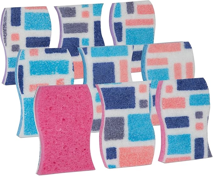 Smart Design Non-Scratch Cellulose Smart Scrub Sponge - Set of 9 - Ultra Absorbent - Ergonomic Shape - Cleaning, Dishes, & Hard Stains - Cool Geometric Pattern - Blue, Pink, Purple