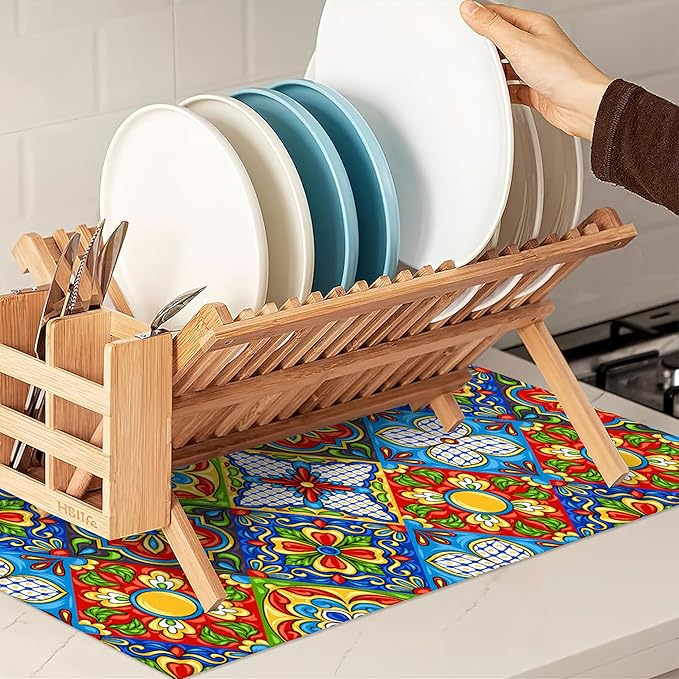 Mexican Tile Dish Drying Mat,Boho Tradicion Drying Rack Pad Countertop Dishes Ultra Absorbent Microfiber Kitchen Counter Mat for Coffee Countertop Decor 18x24 Inch