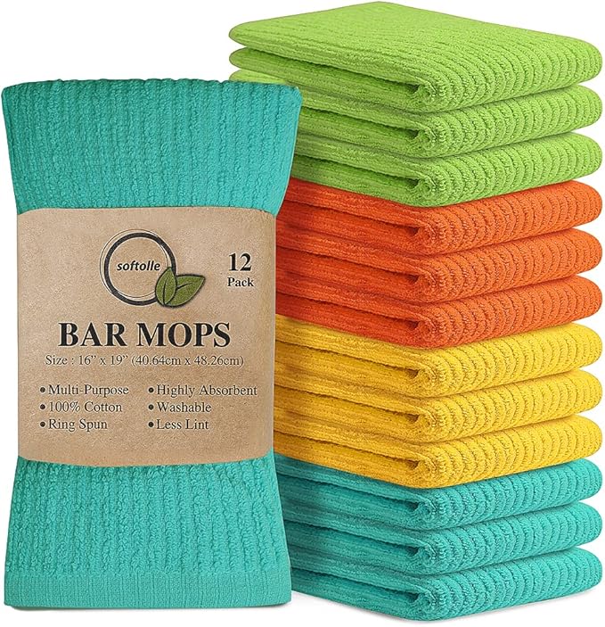 Softolle Bar Mop Towels, Pack of 12-16x19 Inches - 100% Cotton Super Absorbent Towels, Multi-Purpose for Home and Bar Cleaning (Yellow, Orange, Light Green, Aqua)