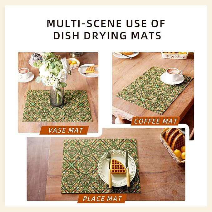 Dish Drying Mat Mexican Absorbent Coffee Mat Rubber Backed Moroccan Soft Silicone Kitchen Dish Draining Mat for Kitchen Bathroom Coffee Bar (Green, 16 x 24 Inches)