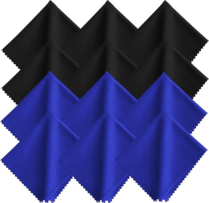 Microfiber Glasses Cleaning Cloth - 12 Pack (6 Black + 6 Blue), 7x6 Inches, Individually Wrapped, Reusable, Lint-Free Bulk Wipes Cloths for Eyeglass, Phone Screen, Cameras Lens & Electronics