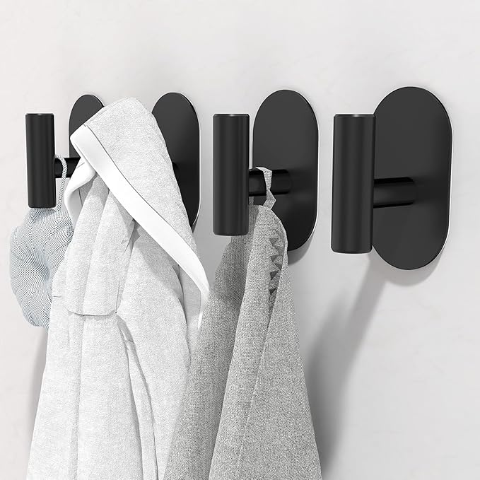 Black Adhesive Hooks Heavy Duty, Wall Hooks for Shower, Bathroom, Towel, Coat, Robe, Stainless Steel Hooks for Hanging, Waterproof & Rustproof Sticky Hooks for Walls No Damage- 2 Pack