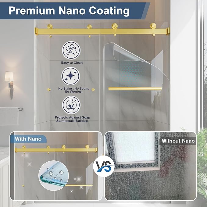Frameless Bathtub Shower Door, 55-60" W x 60" H Double Sliding Tub Shower Door, 1/4''(6mm) SGCC Tempered Glass with Explosion-Proof Film Nano Coating, Brushed Gold
