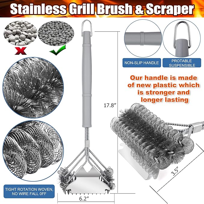 Grill Brush - Outdoor Grill Cleaner - BBQ Brush with Woven Wire Bristles, 18" - Safe & Efficient