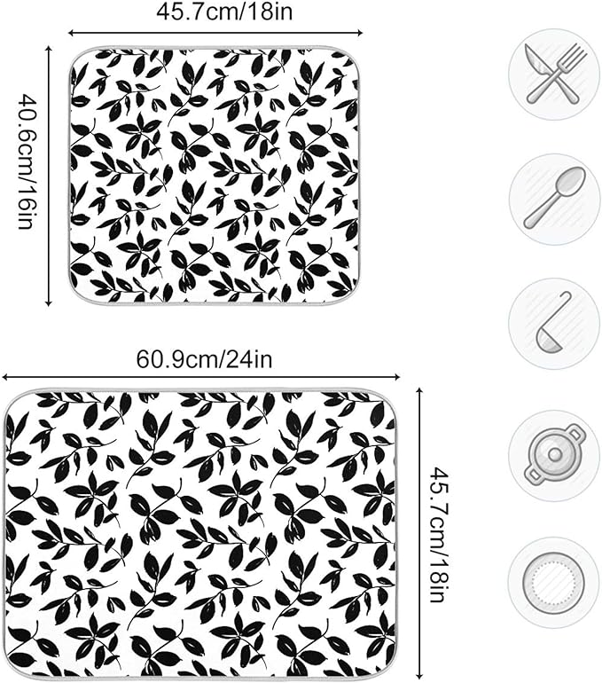 Eucalyptus Leaves Dish Drying Mat for Kitchen Countertop 16x18 Black White Floral Leaf Small Drying Mat Reusable Quick Dry Dish Sink Absorbent Mats Dishwasher Easy Clean Decorative Home Essentials