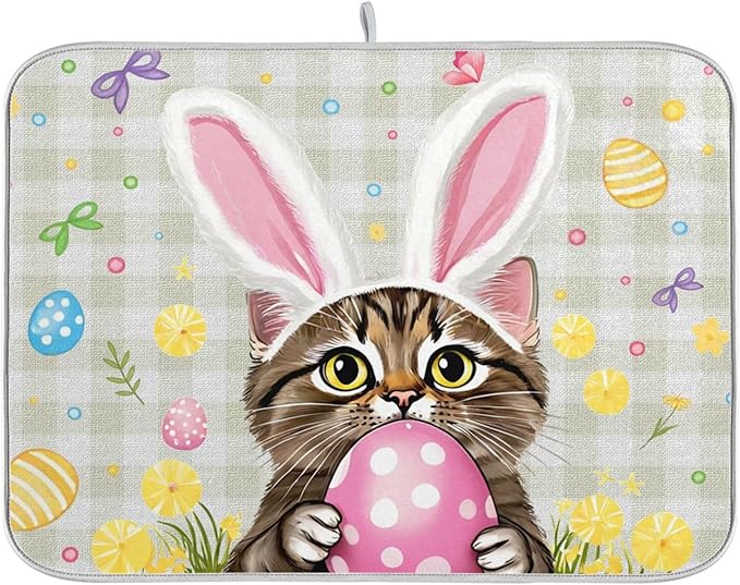 Happy Easter Day Pink Dish Drying Mat Quick Absorbent 18x24 Easter Bunny Rabbit Eggs Butterfly Lily Flowers Kitchen Drying Mat for Countertop Sink Reusable Dishes Mats Kitchen Essentials