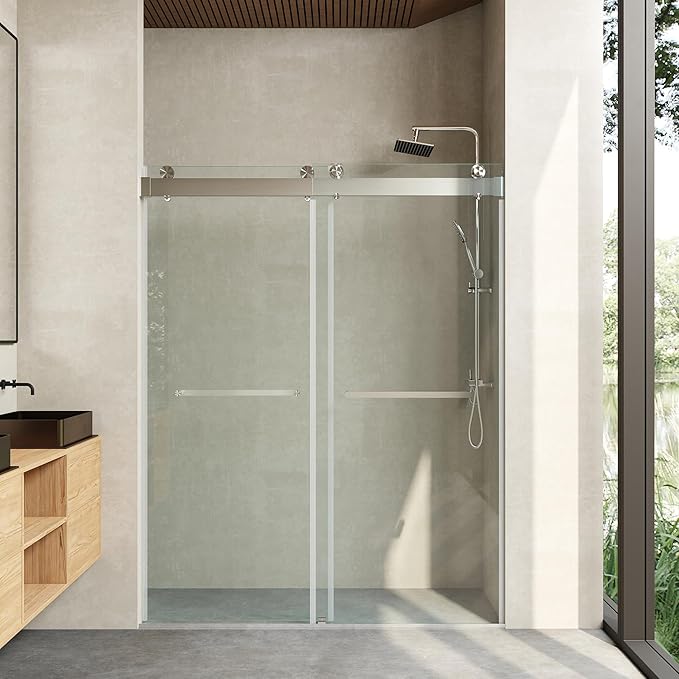 Frameless Soft Close Shower Door, 56"-60 "W, 72 "H, 3/8" (10mm) Clear Tempered Glass, Double Sliding Doors, Brushed Nickel Finish.