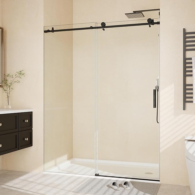 Sliding Shower Door, 44-48" W x 72" H Aluminum Alloy Frame, Adjustable Double 6mm (1/4") SGCC Tempered Glass Panels with Matte Black Square Track, Bypass Space-Saving Design