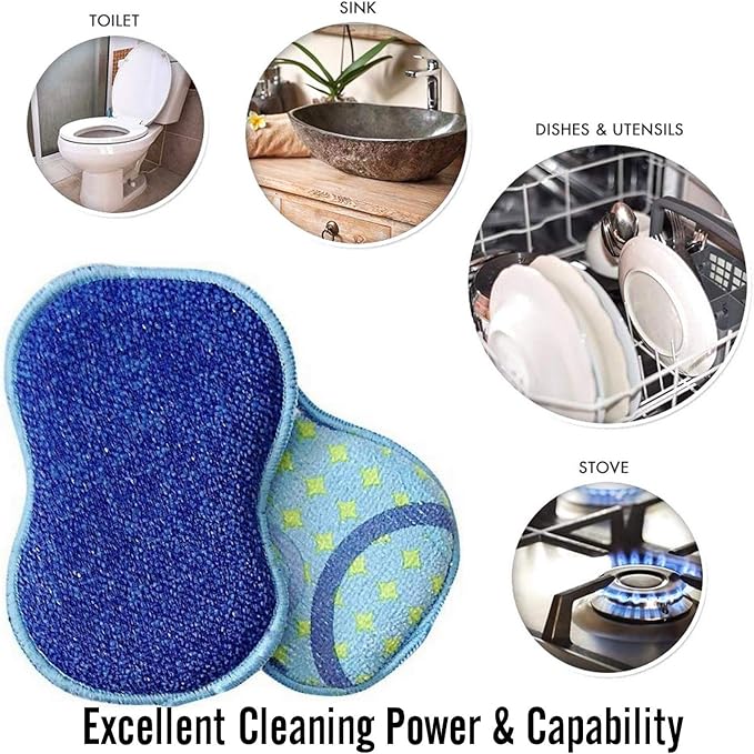 Microfiber Double Sided Scrub & Wipe Sponge Pad for Kitchen & Bath - Safe on Dishes, Sink & Non-Stick Cookware - Reusable Machine Washable Durable & Long Lasting (6pc)