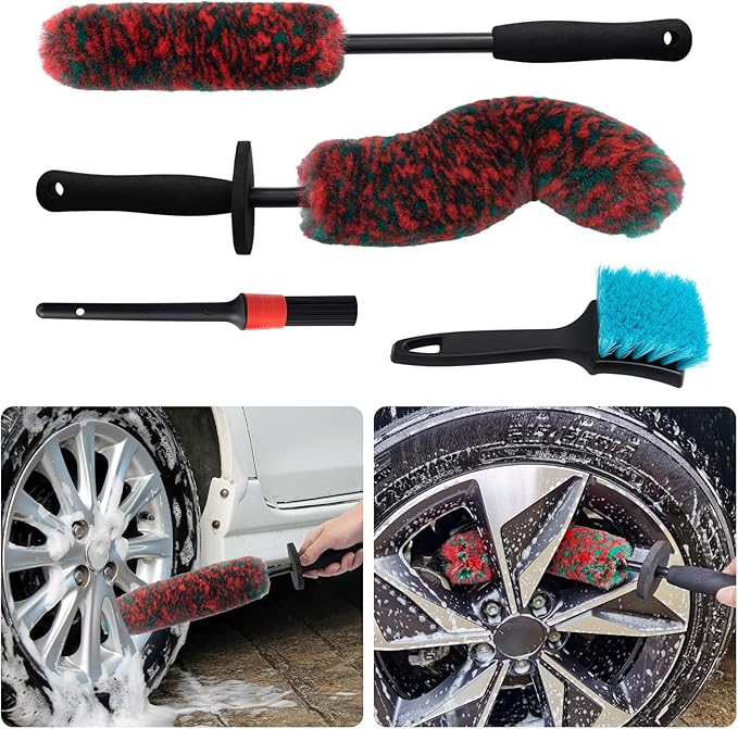 4 Pack Car Wheel and Tire Cleaner Brushes Kit Auto Motorcycle Rim Hub Ultra Soft Microfiber No Spatter Bendable Woolies Bristle Cleaning Set
