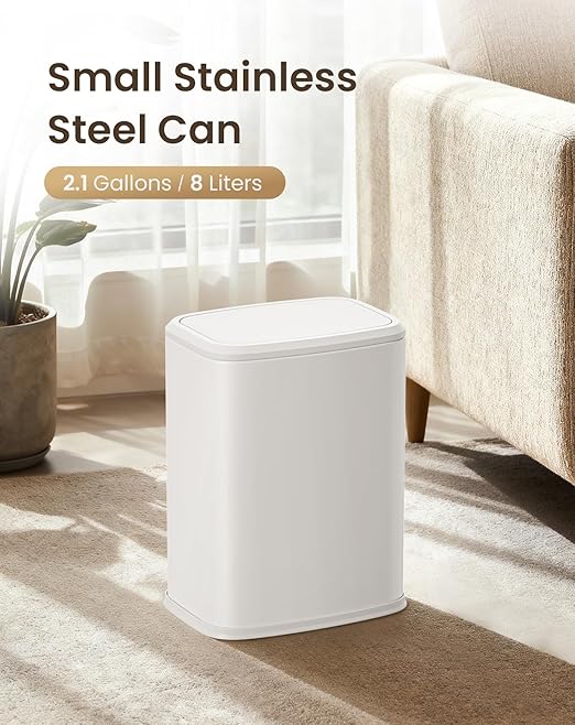 Cesun Small Bathroom Trash Can with Swing-Top Lid,8L/2.1 Gallon Stainless Steel Garbage Can with Removable Inner Bucket, Slim Waste Basket for Home, Office, Toilet, Bedroom, Living-Room (White)