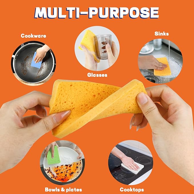 7 Pack Biodegradable Cellulose Pop Up Sponges | Compostable Kitchen Sponges Pack | Gentle Non-Scratch Cleaning for Dishes, Kitchen & Bathroom Surfaces-Yellow