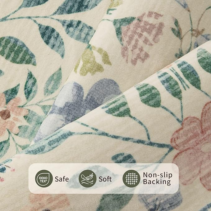 Floral Rug for Living Room Bedroom, 8x10 Area Rugs, Green Vintage Boho Washable Rug, Large Non Slip Low Pile Wool Carpet for Indoor Dining Room,Girls Room,Nursery Room and Kids Room