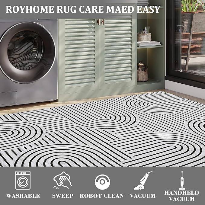 Washable Rug 5x7 Area Rugs for Living Room, Abstract Rug for Bedroom, Soft Rainbow Non Slip Rugs with Rubber Back, Low Pile Stain Resistant Boho Geometric Carpet for Dining Room, Blackwhite