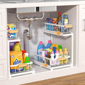 Under Sink Organizer 2 Tier, Pull Out Drawer Slides Under Sink Storage for Bathroom Kitchen,Multi-Purpose Drawer Under Cabinet Organizer for Cleaning Supplies (White, Large-2 Pack)