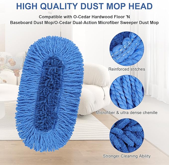 Dust Mop Replacement Head Compatible with Cedar Hardwood Floor 'N Baseboard Dust Mop - Dual-Action Dust Mop Refil Pads for Ceda Dual-Action Microfiber Sweeper Dust Mop - 6 Pack