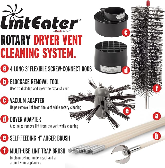 Dryer Vent Duct Cleaning Kit - Gardus RLE202 LintEater Rotary Dryer Vent Cleaner Kit, Removes Lint, Dryer Vent Cleaning System Extends Up to 12’ with 4 Flexible 3' Rods, Air Duct Cleaning Tools