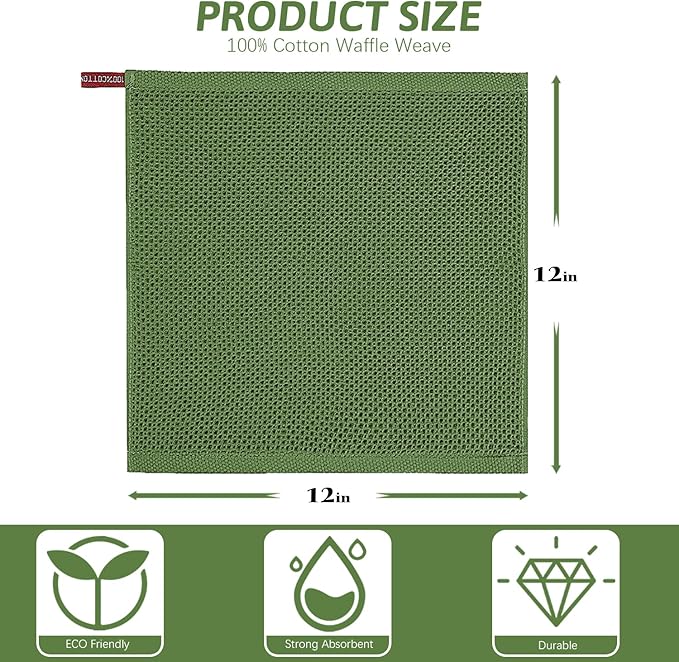 Nialnant 8 Pack Kitchen Towels,100% Cotton Cleaning Cloth,Waffle Weave Kitchen Wash Cloths for Dishes-12x12 Inch,Green