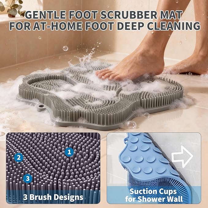 Show Foot Scrubber Mat & Silicone Back Scrubber with Butterfly Form Design,3 Brush Designs for Deep Cleaning Shower Foot Scrubber Mat, Wall Mounted Back Scrubber Silicone Bath(Grey)