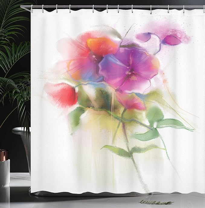 Ambesonne Flower Shower Curtain, Blooming Orchid Spring Bouquet Romance Wedding Themed Natural Beauties Fragrance, Cloth Fabric Bathroom Decor Set with Hooks, 69" W x 84" L, Off White Reseda Green