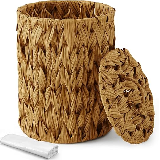 Ctosree 1.3 Gallons Small Trash Can with Lid Handle Boho Woven Braided Bathroom Waste Basket Trash Can with 100 Garbage Bags for Bedroom Office Laundry(Caramel Color,Braided Polypropylene,Round)