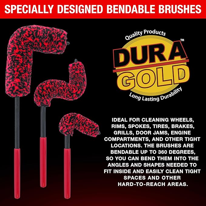 Dura-Gold Car Wheel Detailing and Cleaning Brush Set, 3 Sizes - Bendable, Durable Soft Dense Synthetic Wool Microfiber, Metal-Free - Clean Detail Auto Wheels, Rims, Tires, Remove Road Grime Brake Dust