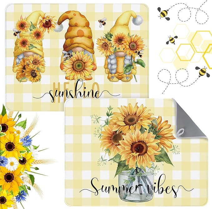 2 Pcs Sunflower Dish Drying Mat for Kitchen, Summer Absorbent Microfiber Dish Mat Counter Sunflower Gnome 18 x 24 Inch Dish Draining Mat Dish Drying Pad Reusable Washable Mat