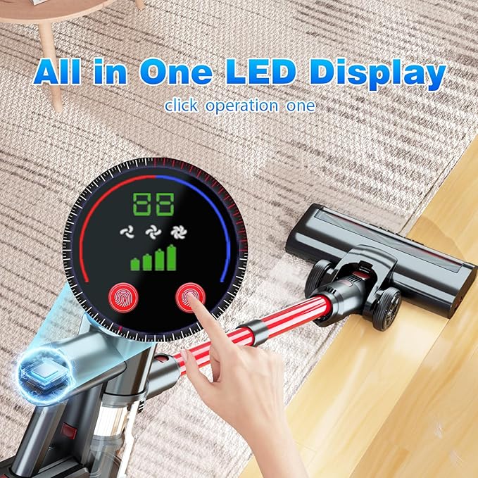 Cordless Vacuum Cleaner, 48Kpa Strong Suction, 50Mins Runtime, Anti-Tangle Brush Roll, 4-in-1 Lightweight Stick Vacuum for Hard Floor Carpet Pet Hair, with LED Display & Wall Mount Charging