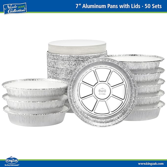 Nicole Home Collection Aluminum Pans 7” Round Disposable Foil Pans With Lids (50 Pack) – 7 Inch Round Disposable Takeout Pans With Board Lids (7" Inch Round)