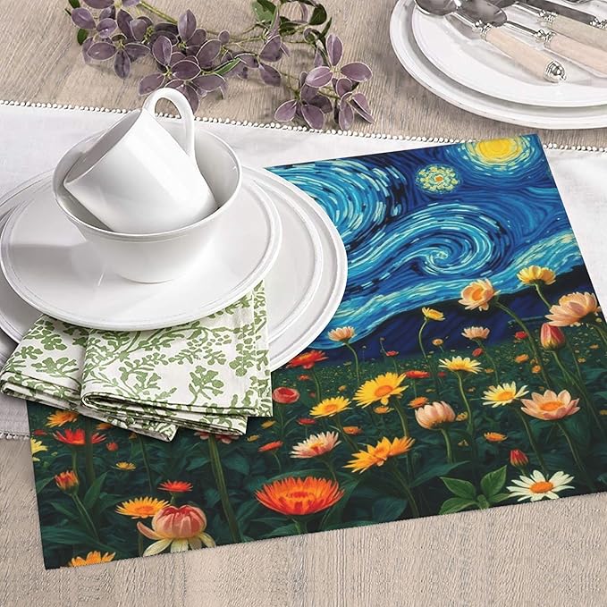 Starry Night Flowers Dish Drying Mat for Kitchen Counter, 16"x18" Microfiber Absorbent Fast Dry Mat, 2Pcs Dish Mat Faucet Mats Sets, Large Drying Kitchen Mat Kitchen Drying Pad