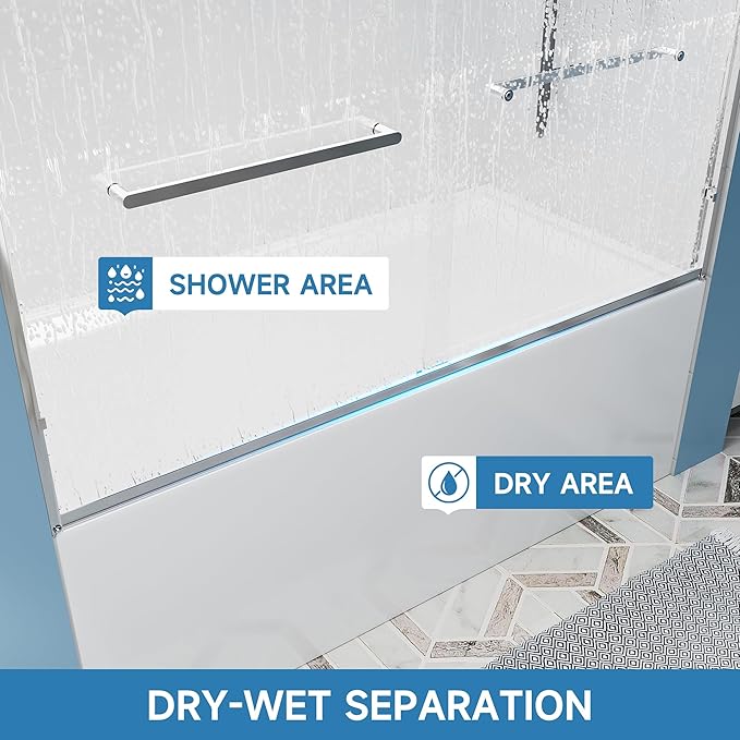 56-60" W x 57" H Semi-Frameless Bathtub Sliding Doors, 1/4"(6mm) Tempered Glass Double Sliding Shower Door for Bath Tub with Explosion-Proof Film and Easy to Clean, Chrome