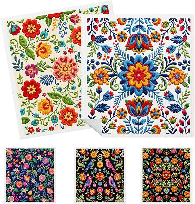 5 Pack Mixed Fiesta Floral Cinco De Mayo Kitchen Dishcloths Dish Towel, Dish Towels for Kitchen, Swedish Dishcloth Colorful Flower, Paper Towels Reusable, Dish Cloth Towel Cleaning for Home