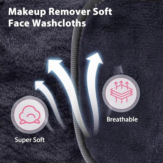 Makeup Remover Cloths for Face, Eye, Lips - Reusable Face Cleansing Cloth Microfiber Makeup Remover Pads 5 x 5 inch 6 Pack (Black)