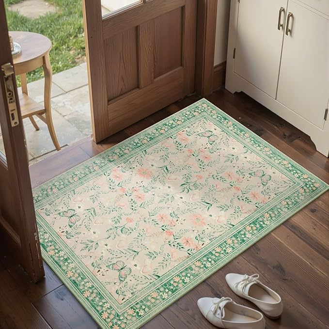 Door Mat Floral Entryway Rug, Washable Samll 2x3 Rug, Boho Green Front Door Mat, Non Slip Area Rugs, Low Pile Throw Accent Carpet for Indoor Entrance, Bathroom and Kitchen(Sage Green 2x3ft)