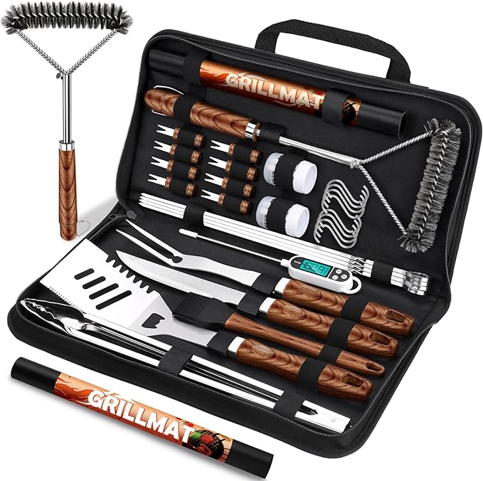 31pcs BBQ Grill Accessories Gifts for Men Dad, Heavy Duty Grilling Tools Gift Set for Father‘s Day, Stainless Steel BBQ Utensils Kit with Mats, Grill Brush in Carrying Bag Brown