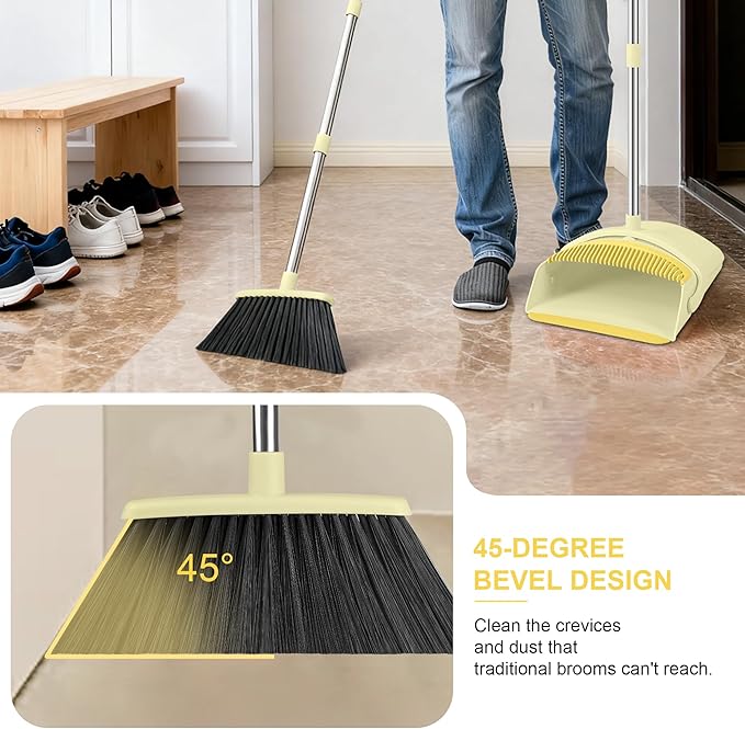 Broom with Dustpan Combo Set, 54-in Adjustable Handles Broom and Dustpan Set with Comb Teeth Easy to Scrape Off Pet Hair, Indoor&Outdoor Sweeping