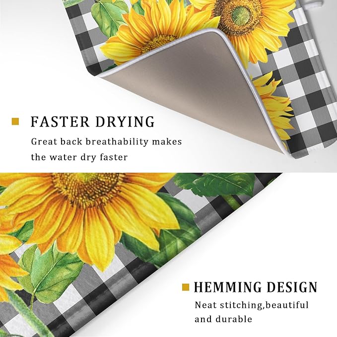 Sunflower Dish Drying Mat for Kitchen Counter Black White Buffalo Plaid Microfiber Absorbent Dish Draining Reusable Washable Foldable Extra Large 18"x24"