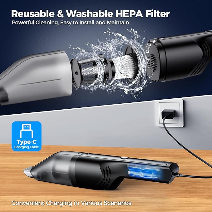 Handheld Vacuum Cordless -Car Vacuum Portable Cordless Cleaner Powerful Suction,1.2lbs Lightweight, Type-C Charge, Multiple Accessories, Portable Hand Vacuum for Home, Pet and Car