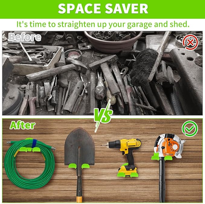 Upgraded Trimmer Rack Wall Mount - 8" Heavy Duty Weed Eater Hanger for Garage Wall, Garden Power Tool Holder Organizer Hooks for Grass Trimmer, Hedge Trimmer, Leaf Blower and Chainsaw, Green, 3 Pack