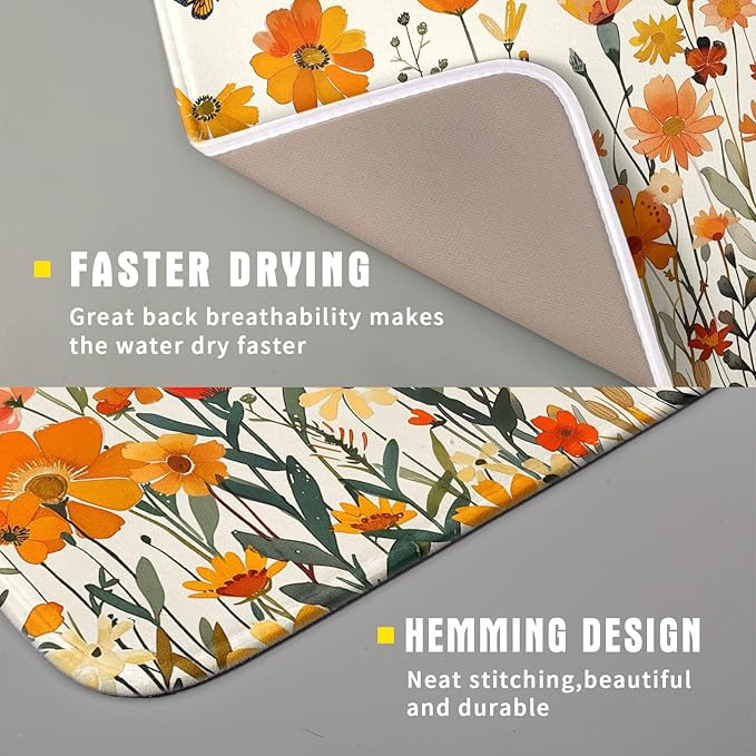 Fall Orange Wildflower Dish Drying Mat for Kitchen Counter,Autumn Floral Butterflies Drying Mat 16 x 18 Inch with Absorbent Reversible Microfiber Dish Drying Pad Dish Pad for Coffee Bar
