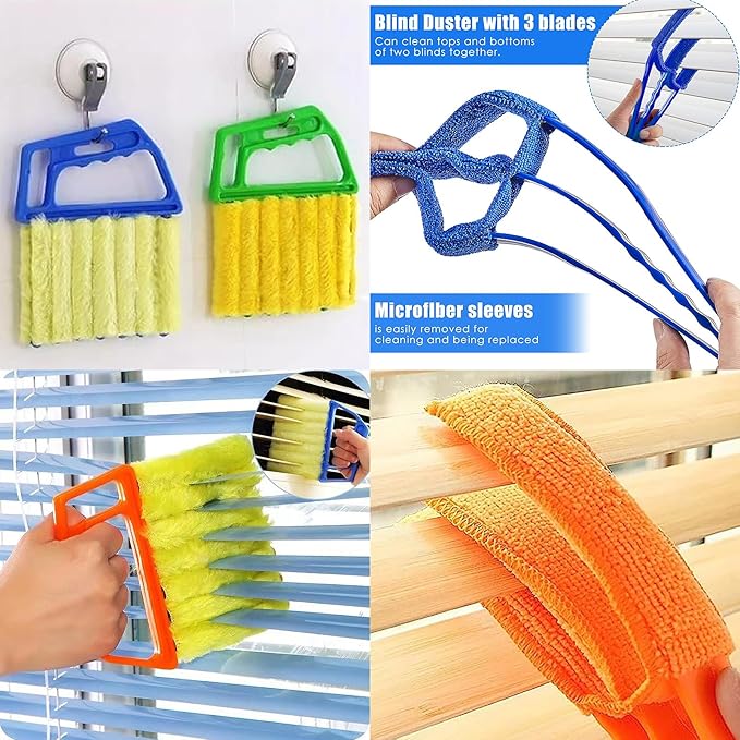 Blind Cleaner Duster Tool, 7 Finger & 3 Finger Window Venetian Blind Brushes, Washable Mini Cleaner Brush, Venetian Blinds Duster Brush for Window & Air Conditioner Fan, 2 Pack, Green, PP+Microfiber
