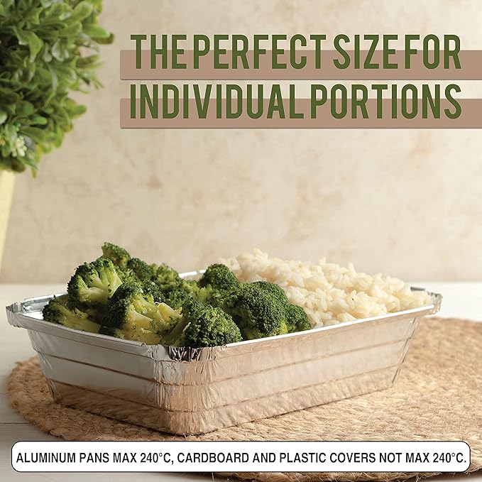 PARTY BARGAINS 2.25 lb Aluminum Pans with Board Lids, 50 Pack – 8 x 6 in Disposable Foil Roasting & Steam Table Pans for Catering, Takeout, Meal Prep, Oven Safe up to 240°C