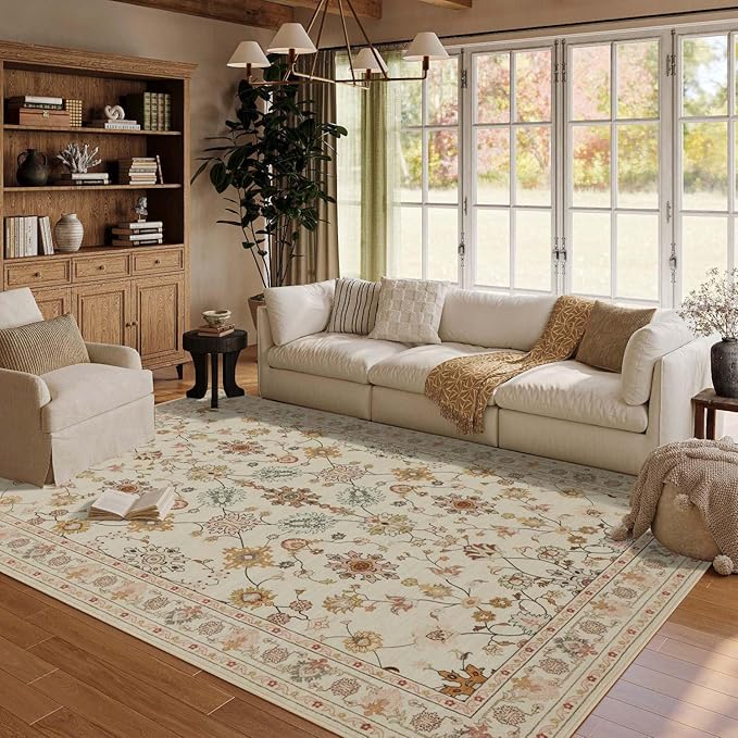 Floral Rug for Living Room Bedroom, 5x7 Washable Rug, Vintage Boho Area Rug, Large Non Slip & Low Pile Wool Carpet for Indoor Dining Room, Girls Room, Nursery Room and Kids Room(Apricot 5x7ft)