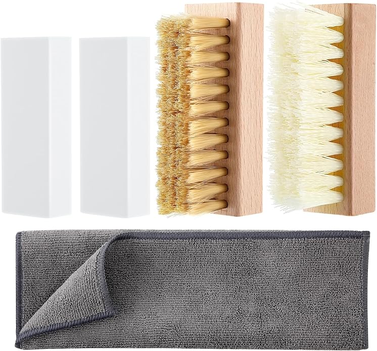 Enhon 5 Piece Suede and Nubuck Cleaning Kit with Brass & Nylon Brushes, 2 Suede Eraser, Microfiber Towel for Shoes, Boots, Bags, Jackets Long Lasting Care Solution