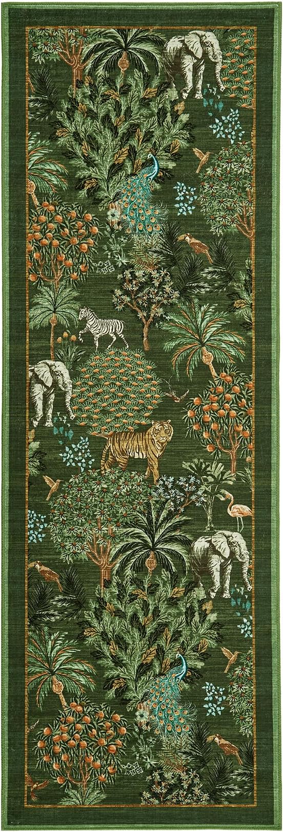 GarveeHome Jungle Rug 2.5x10 Kitchen Runner Rug Non Slip Washable Runners for Hallways, Animal Print Runner Rugs with Rubber Backing Low-Pile Forest Long Carpet for Bedroom Entryway, Dark Green
