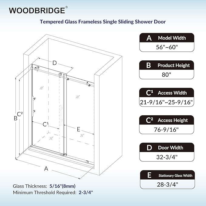 Woodbridge 56-60" W x 80" H Frameless Single Sliding Shower Door with Tempered Glass & Explosion Proof Film in Matte Black Finish