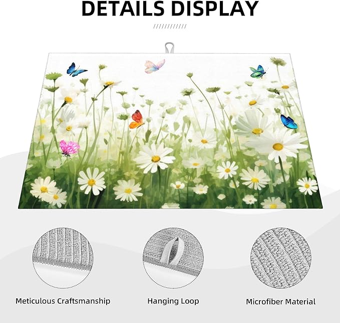 Vintage Watercolor Daisy Butterfly Dish Drying Mat for Kitchen Counter, 18"x24" Microfiber Absorbent Fast Dry Mat, 2Pcs Dish Mat Faucet Mats Sets, Large Drying Kitchen Mat Kitchen Drying Pad