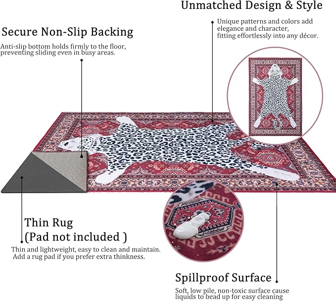 Oriental Leopard Rug 5x7 ft Washable Traditional Red Persian Rug for Bedroom Living Room, Dining Room Under Kitchen Table, Soft Non Slip Thin Rug Carpet (Red Leopard, 5X7 FT)